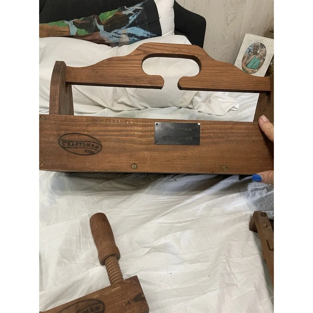 Vintage Wood Clamp, Sears Craftsman Lot Of 2 With Wooden Tool Carrier